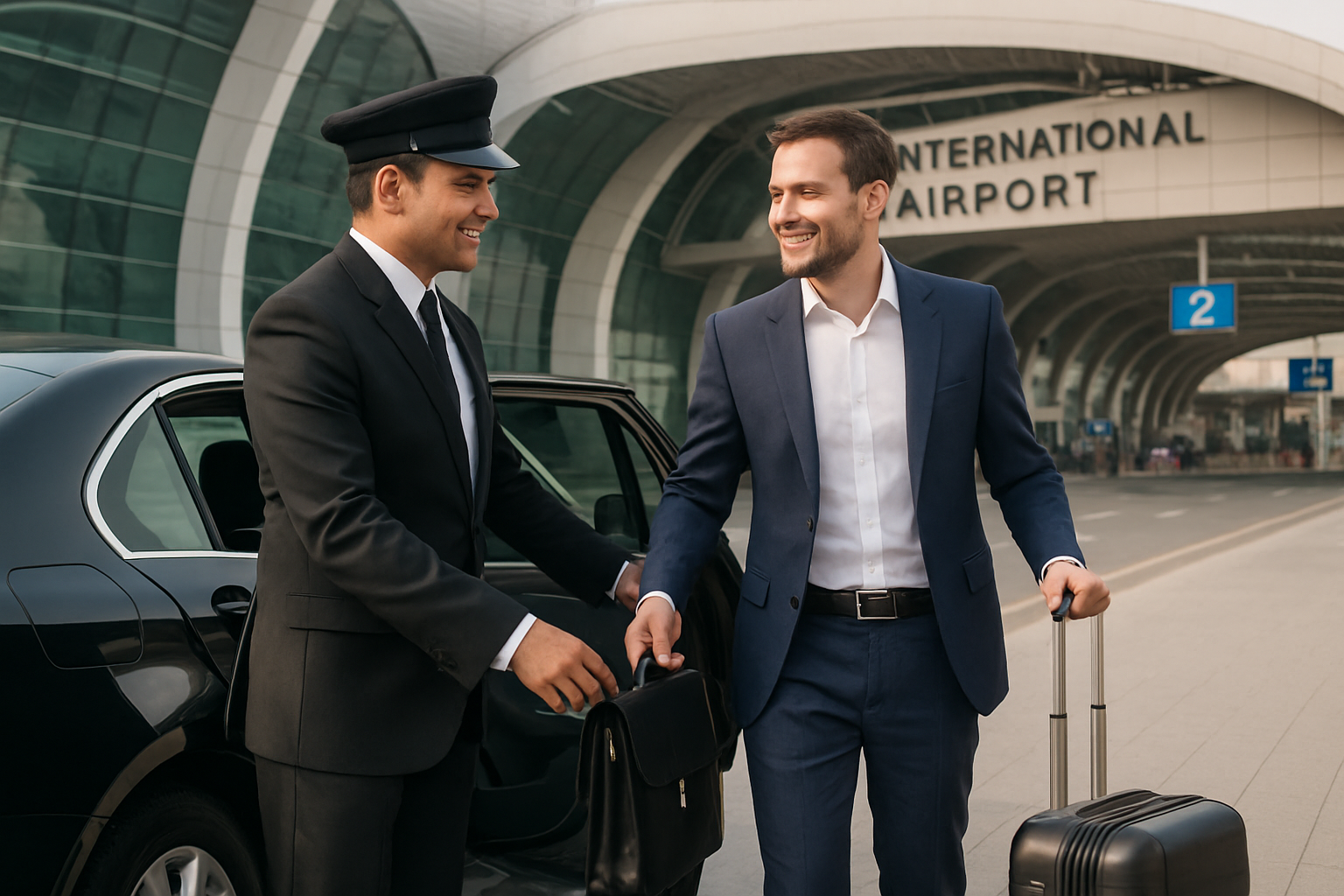 Chauffeur assisting a business traveller at Dubai International Airport