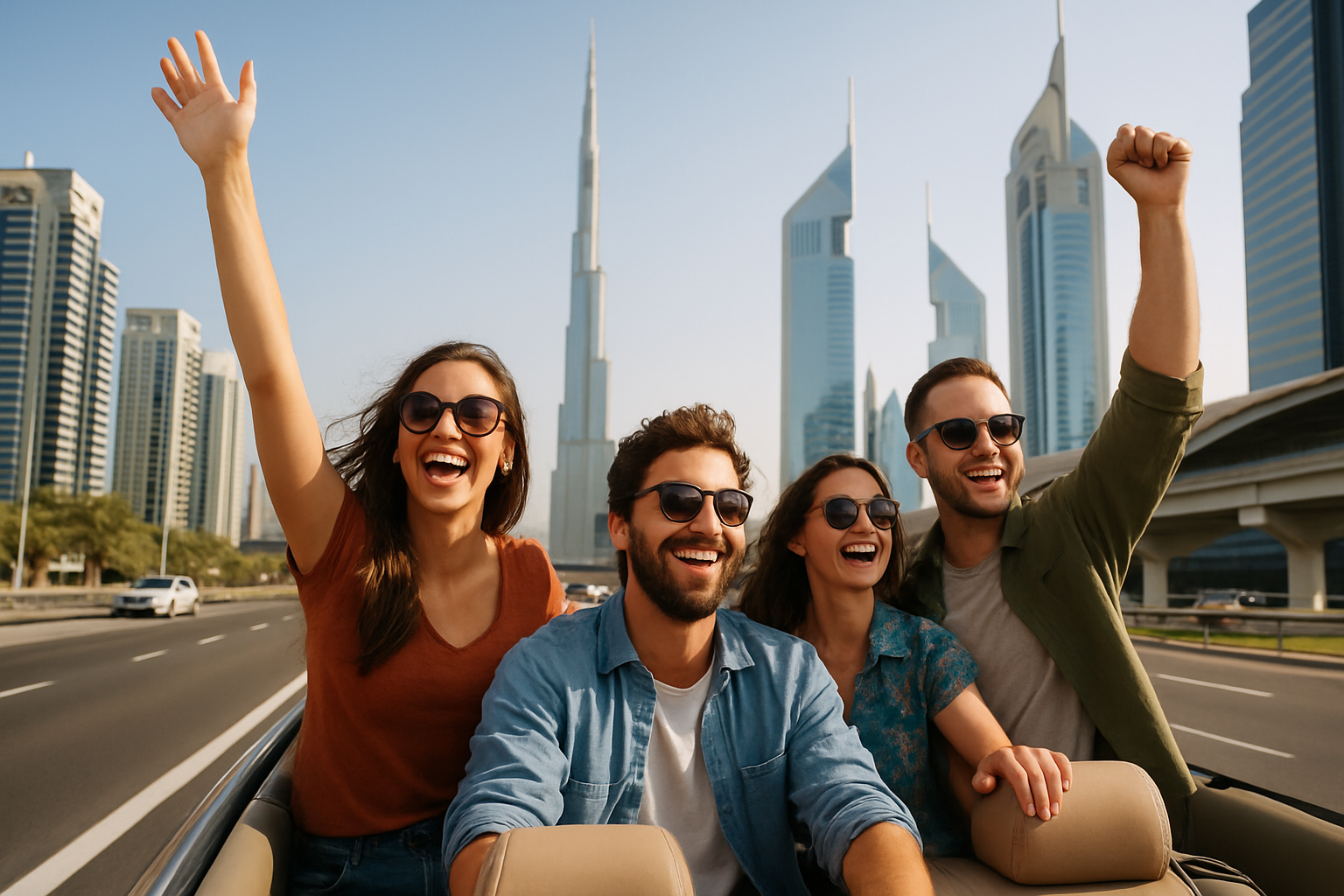 Group travellers enjoying a road tour through Dubai’s cityscape