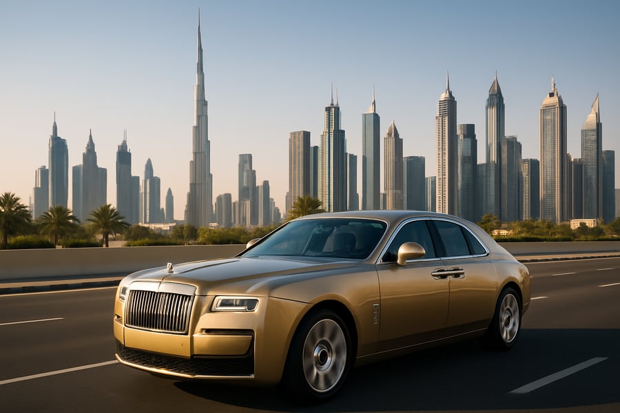 Luxury car driving on a Dubai road with skyline in background