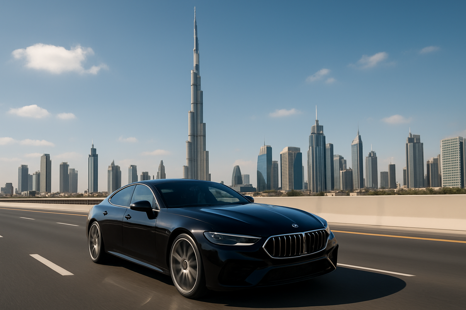 Luxury car on Dubai highway with Burj Khalifa in the background